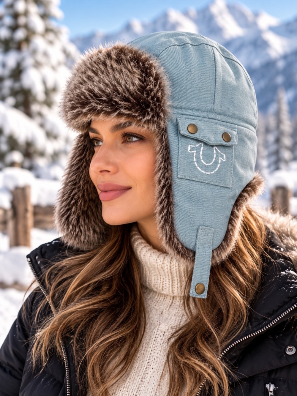 NWT True Religion Denim Trapper Hat Faux Fur Aviator Winter Ear Flap Light Blue